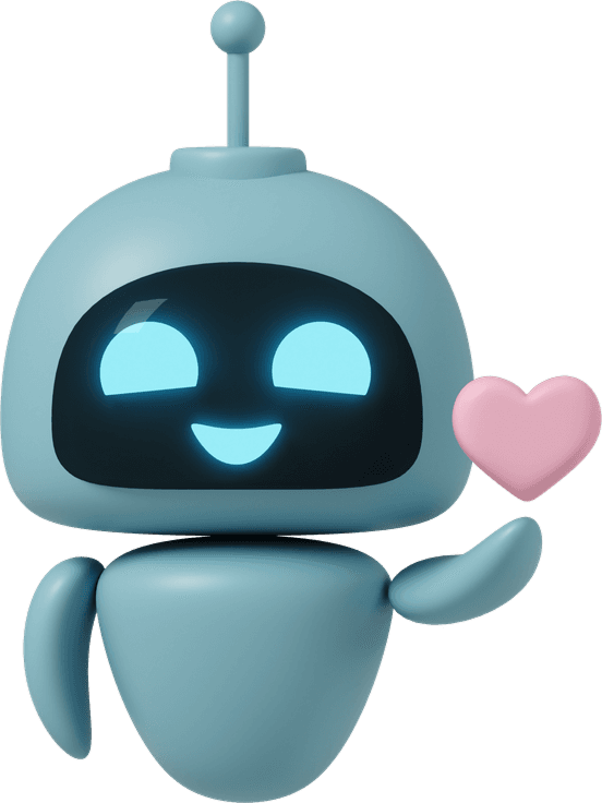 Mascotte robot 3D bleu souriant tenant un petit cœur rose — illustration Web Difference pour la création de sites et l'accompagnement digital